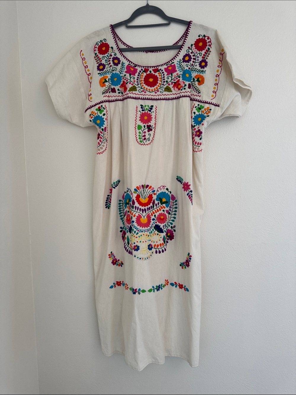 Cream Embroidered Midi Dress with Multicolor Floral Motifs